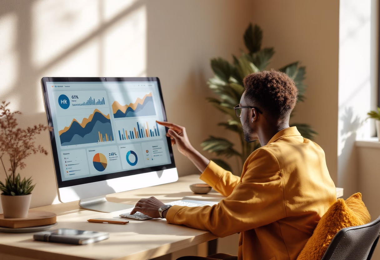 image of business professional reviewing analytics (for a hr tech)